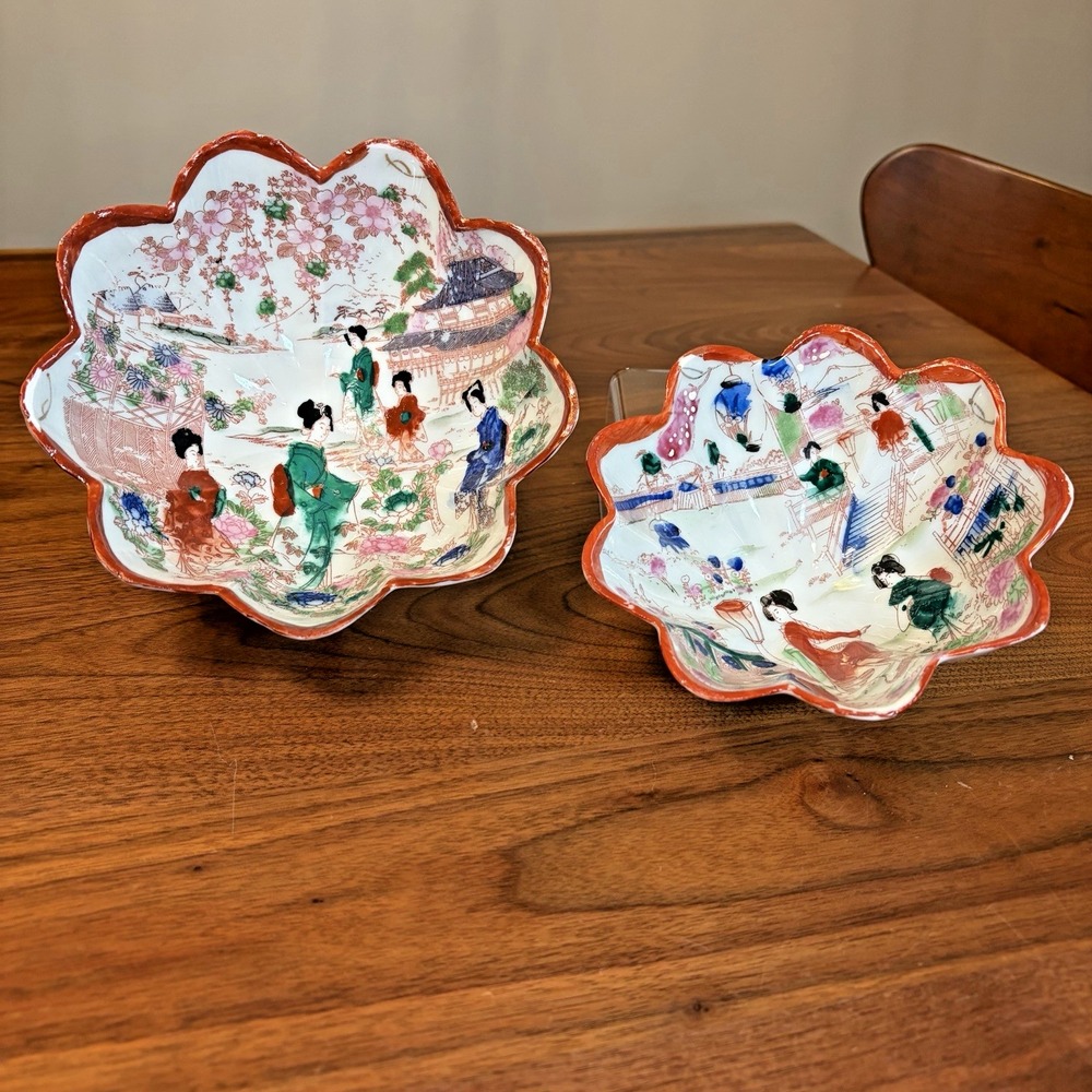 Vintage Porcelain Japan Footed Dish Set 2 Pieces Hand Painted Scalloped Bowl